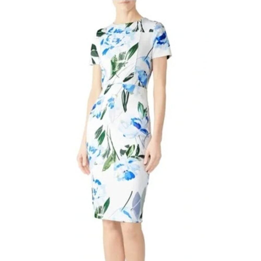 Alexia Admor Floral Dress Short Sleeve Knee Length Sheath White Blue Green M